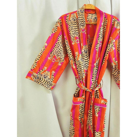 Indian Tiger Print 100% cotton Red robe gown Hippie women maxi kimono dress
