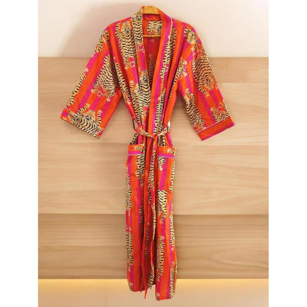Indian Tiger Print 100% cotton Red robe gown Hippie women maxi kimono dress