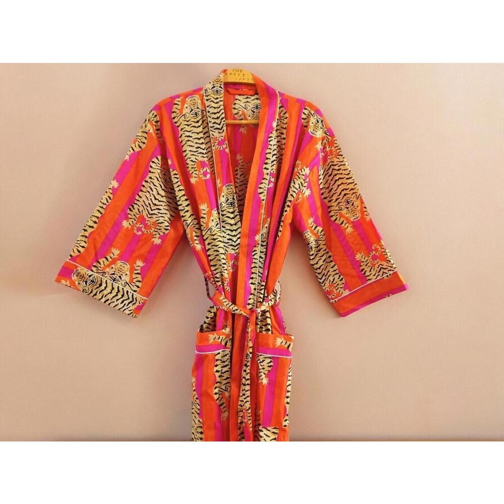 Indian Tiger Print 100% cotton Red robe gown Hippie women maxi kimono dress
