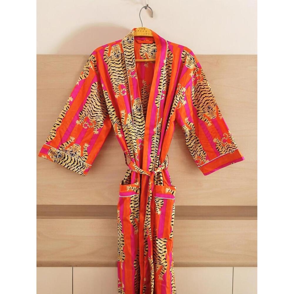 Indian Tiger Print 100% cotton Red robe gown Hippie women maxi kimono dress
