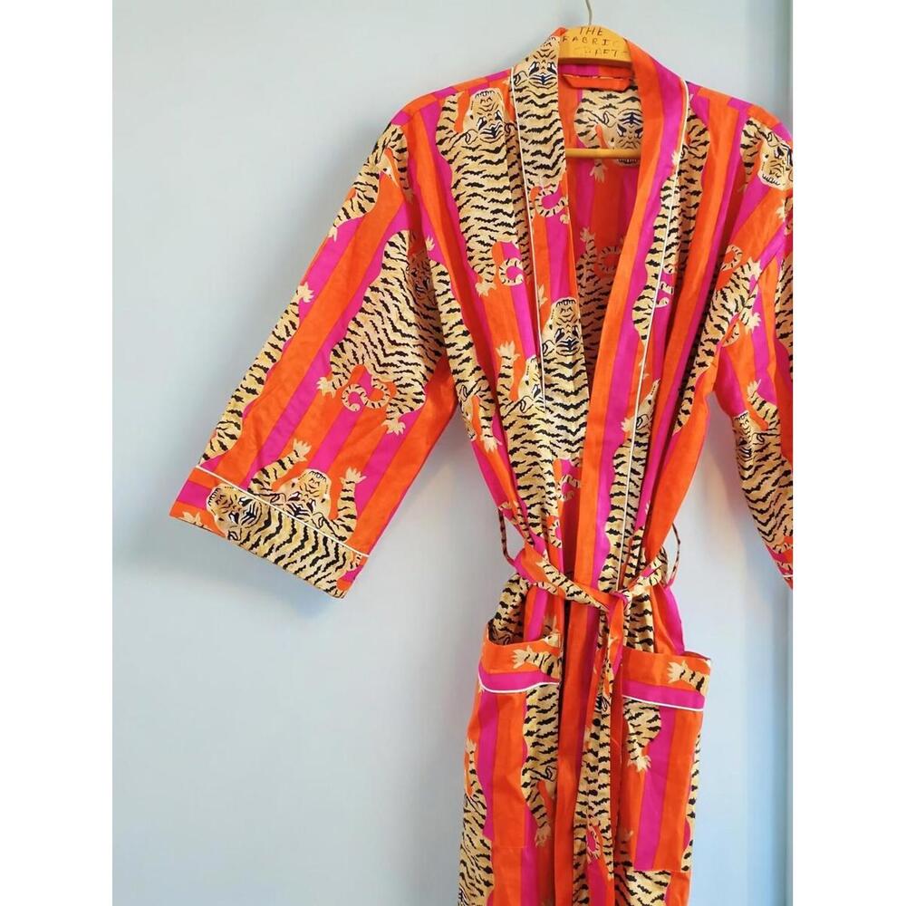 Indian Tiger Print 100% cotton Red robe gown Hippie women maxi kimono dress