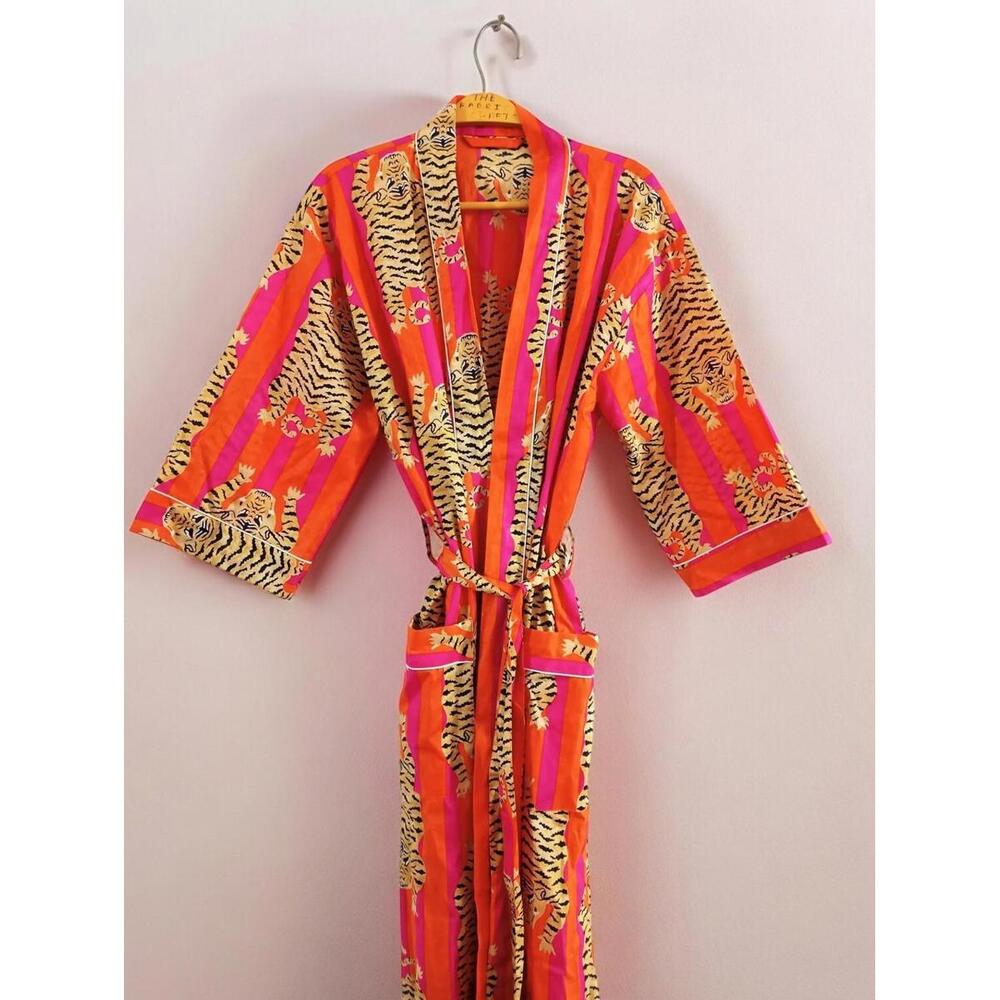Indian Tiger Print 100% cotton Red robe gown Hippie women maxi kimono dress