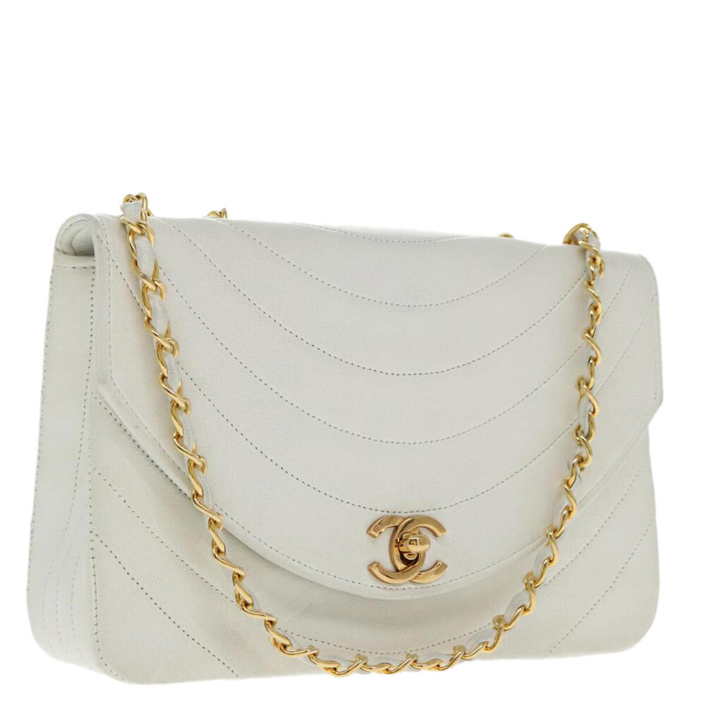 Chanel Demi Lune White Leather Shoulder Bag Authentic