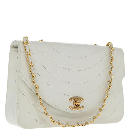 Chanel Demi Lune White Leather Shoulder Bag Authentic