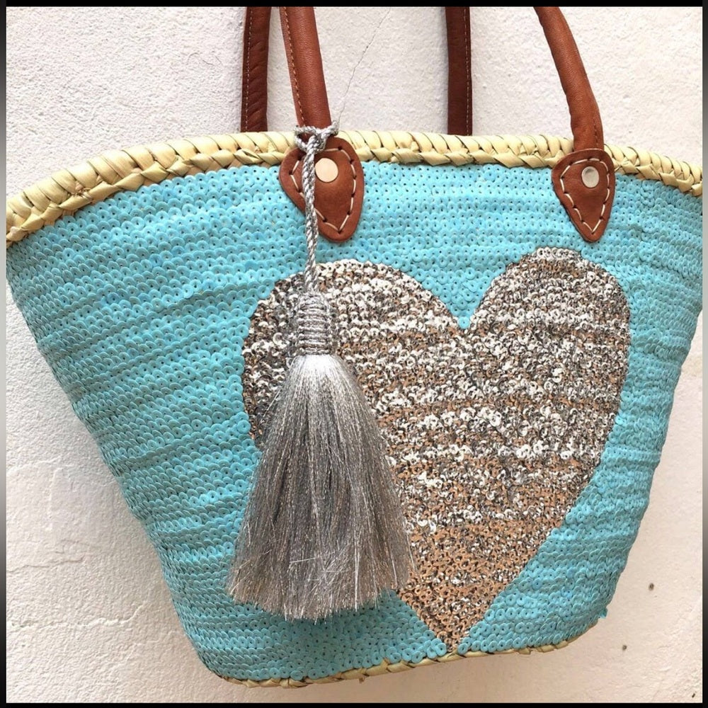 Sequin Heart Tote Bag - Blue and Silver