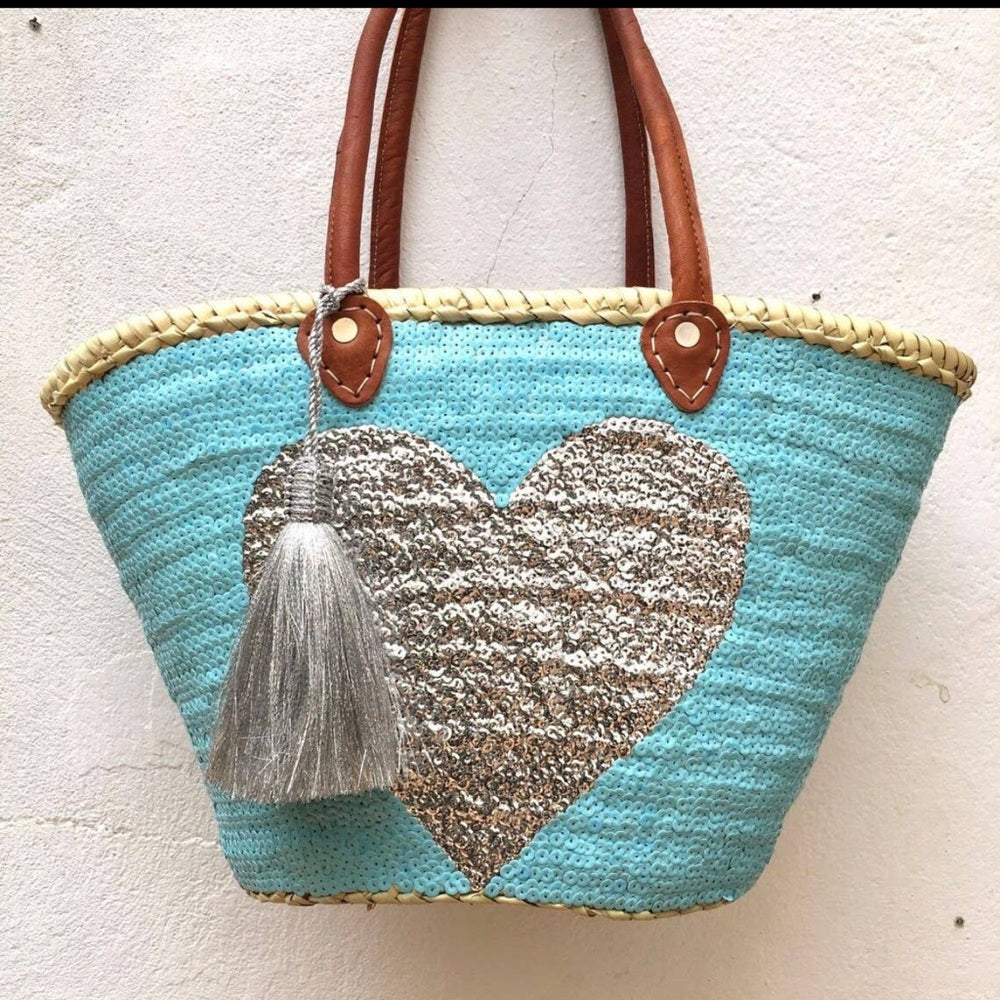 Sequin Heart Tote Bag - Blue and Silver