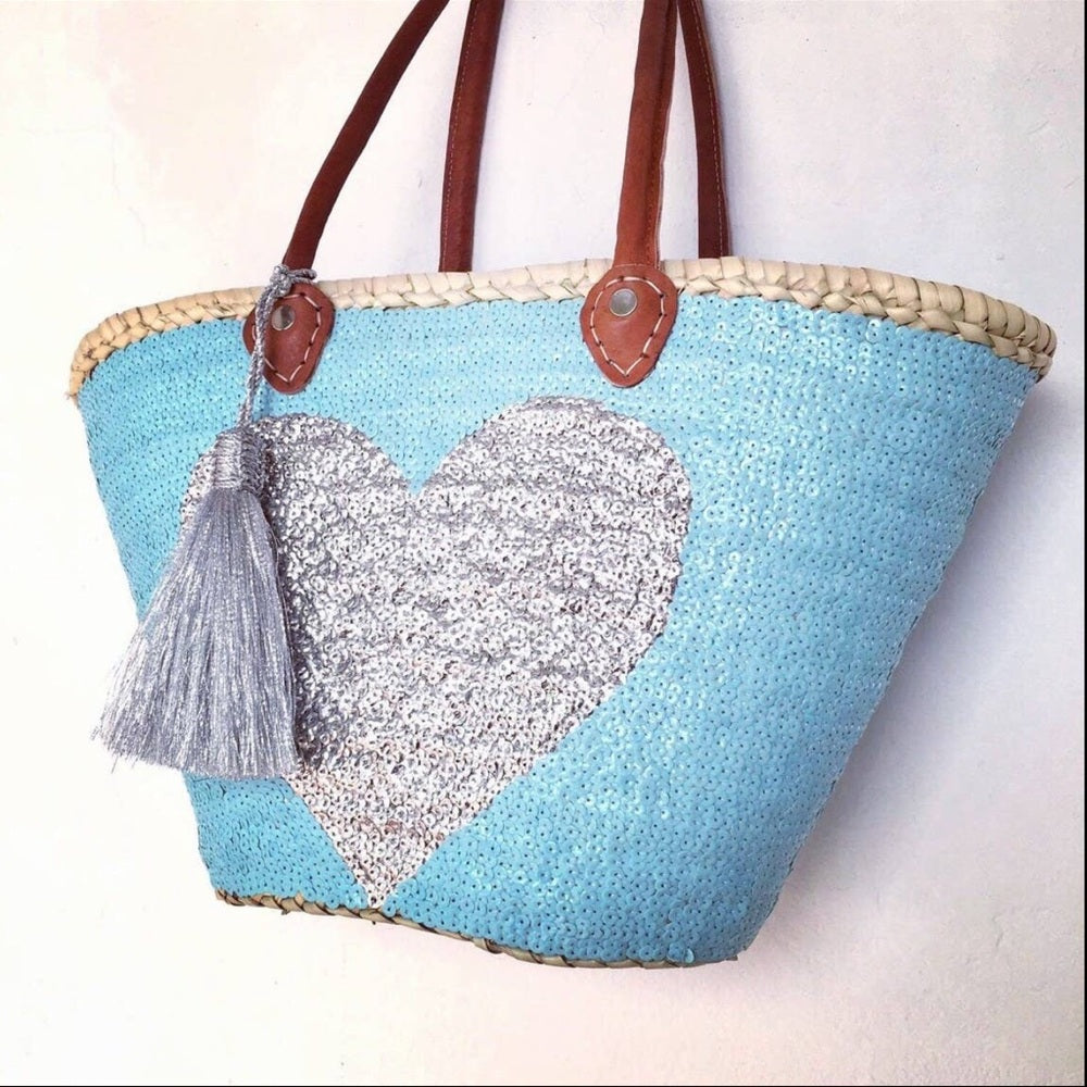 Sequin Heart Tote Bag - Blue and Silver