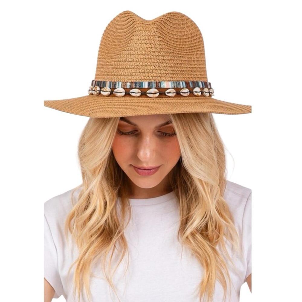 Tan Straw Hat with Shell Detailing