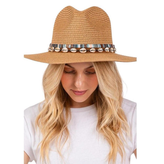 Tan Straw Hat with Shell Detailing