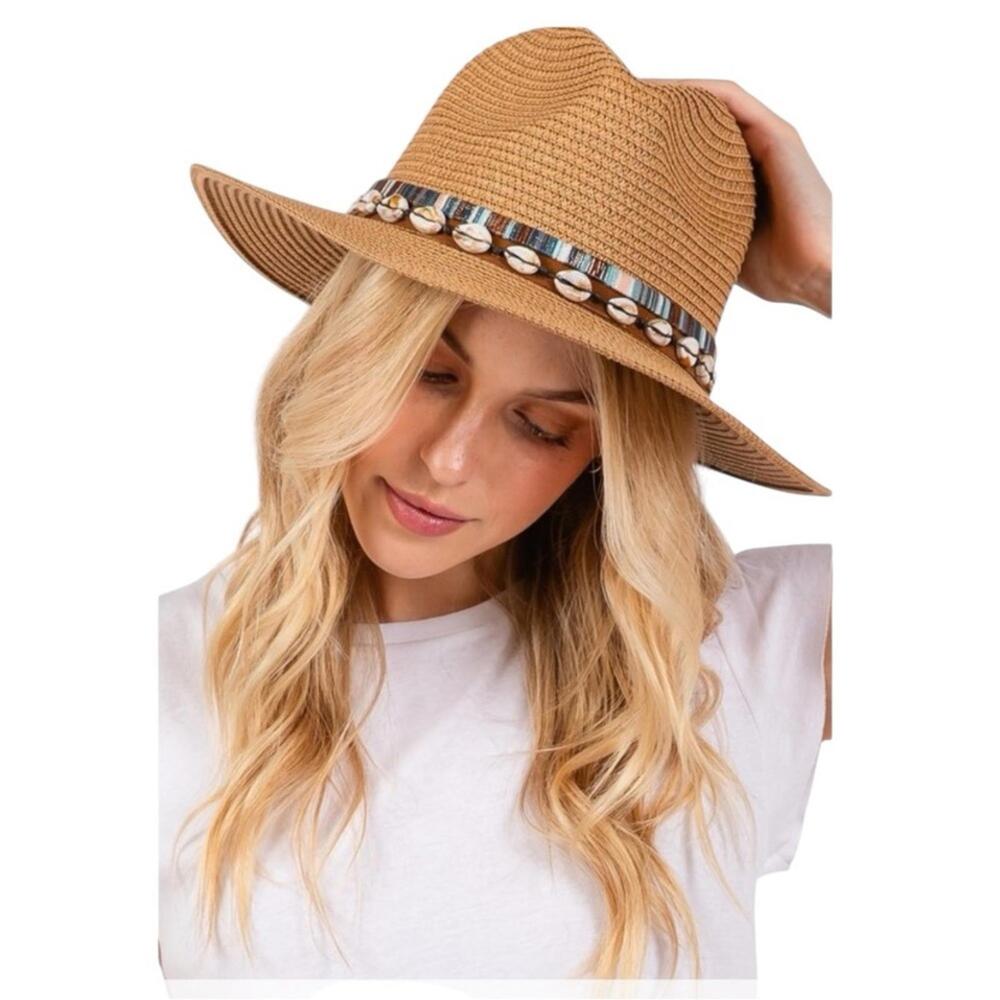Tan Straw Hat with Shell Detailing