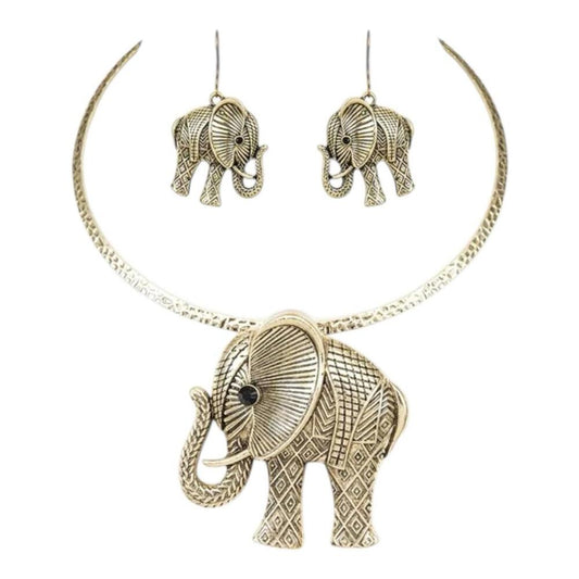 Elephant Pendant Necklace and Earring Set in Gold