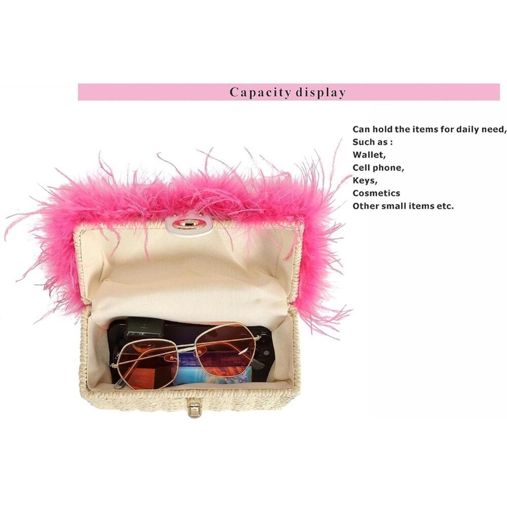 Chic Pink Feather-Trimmed Woven Bag-NWT