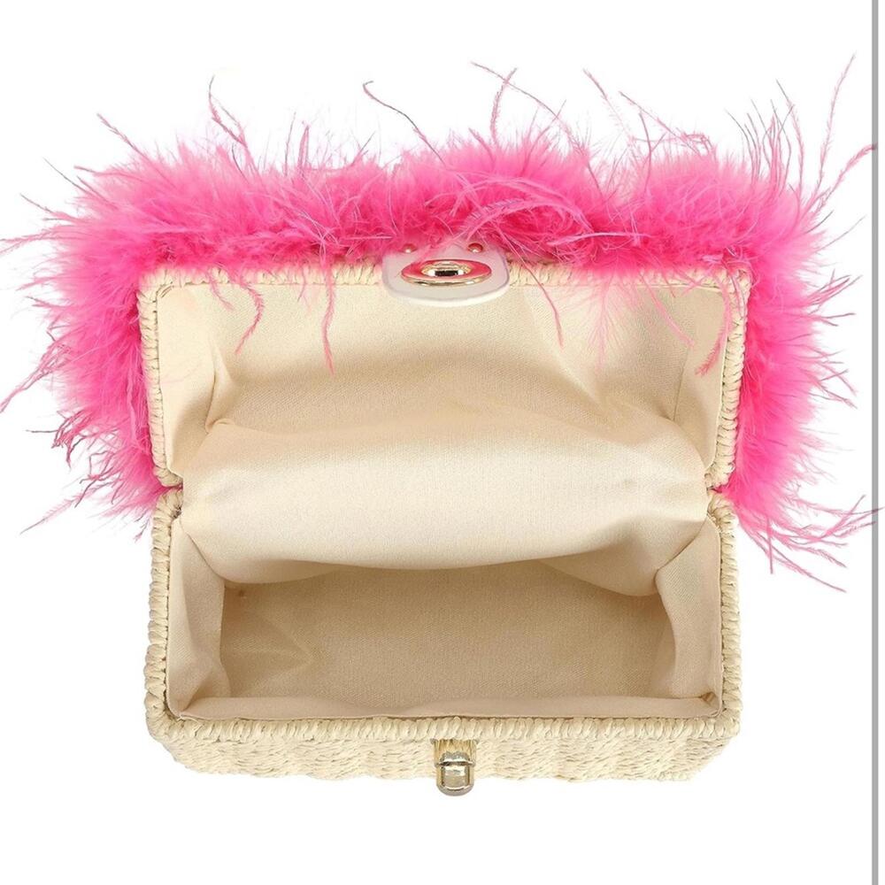 Chic Pink Feather-Trimmed Woven Bag-NWT