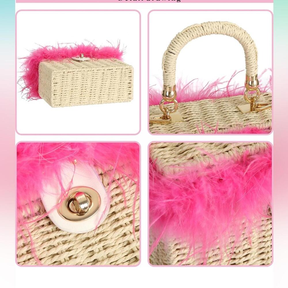 Chic Pink Feather-Trimmed Woven Bag-NWT