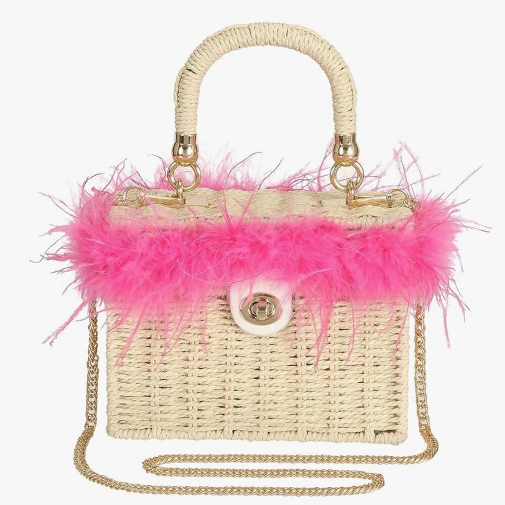 Chic Pink Feather-Trimmed Woven Bag-NWT