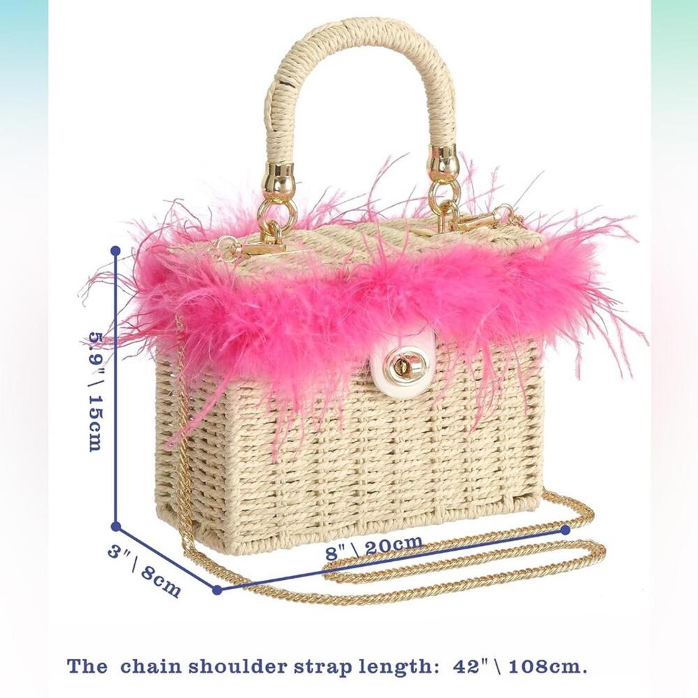 Chic Pink Feather-Trimmed Woven Bag-NWT