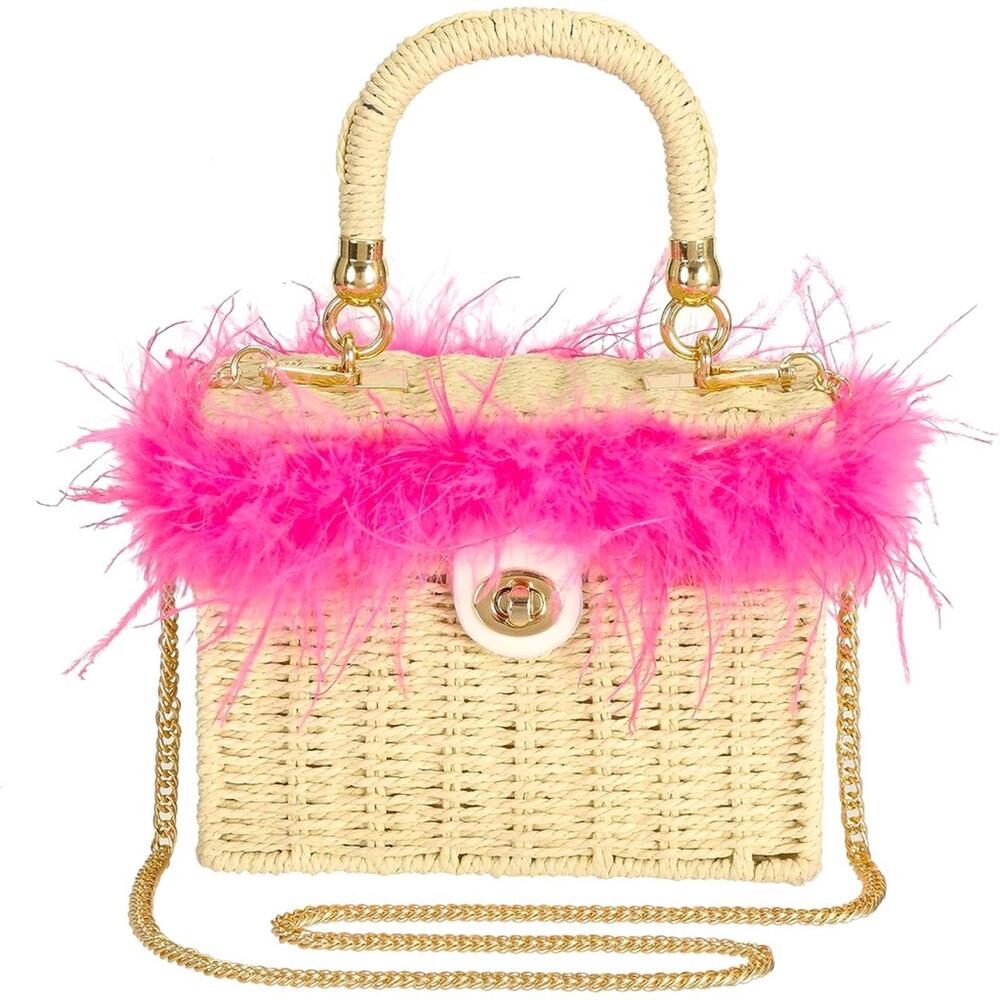 Chic Pink Feather-Trimmed Woven Bag-NWT