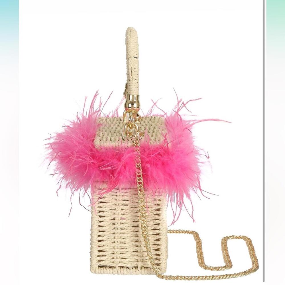 Chic Pink Feather-Trimmed Woven Bag-NWT
