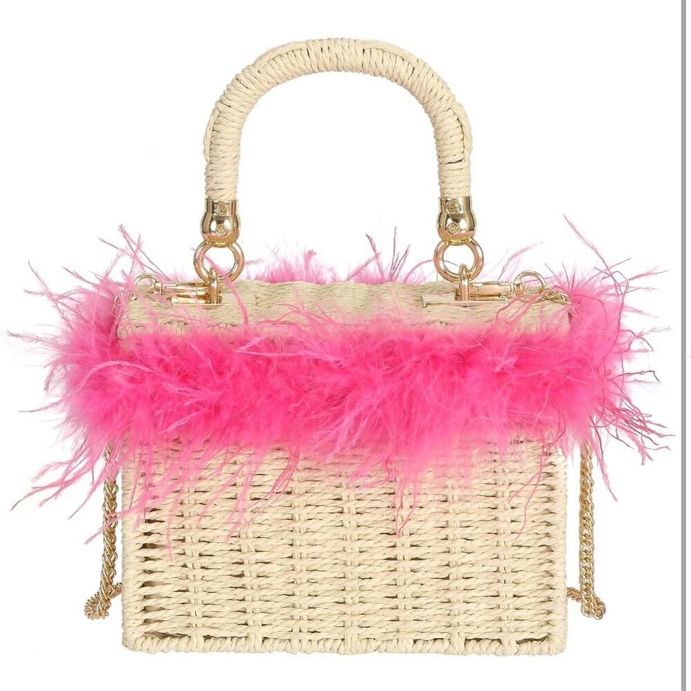 Chic Pink Feather-Trimmed Woven Bag-NWT
