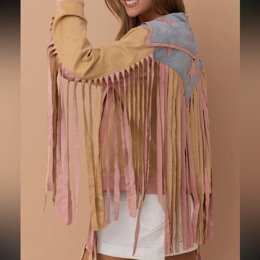 Fringe Suede Jacket in Tan and Pink- NWT