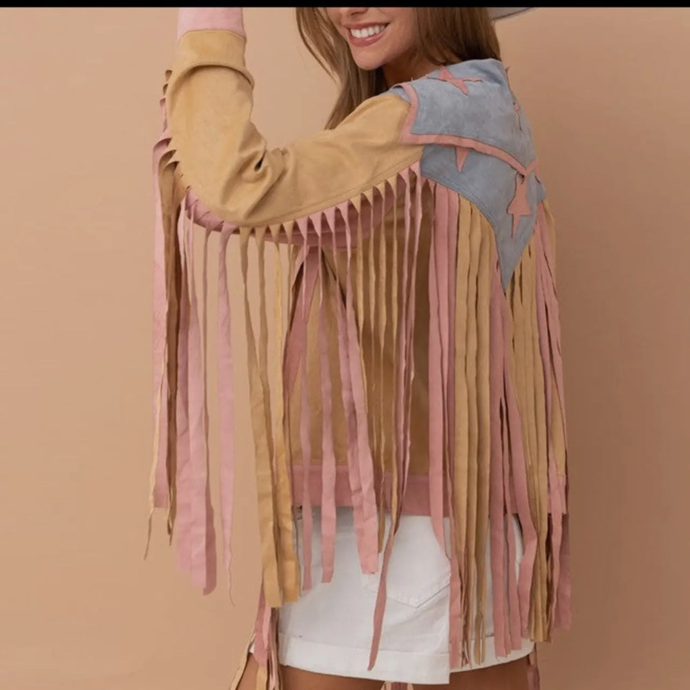 Fringe Suede Jacket in Tan and Pink- NWT