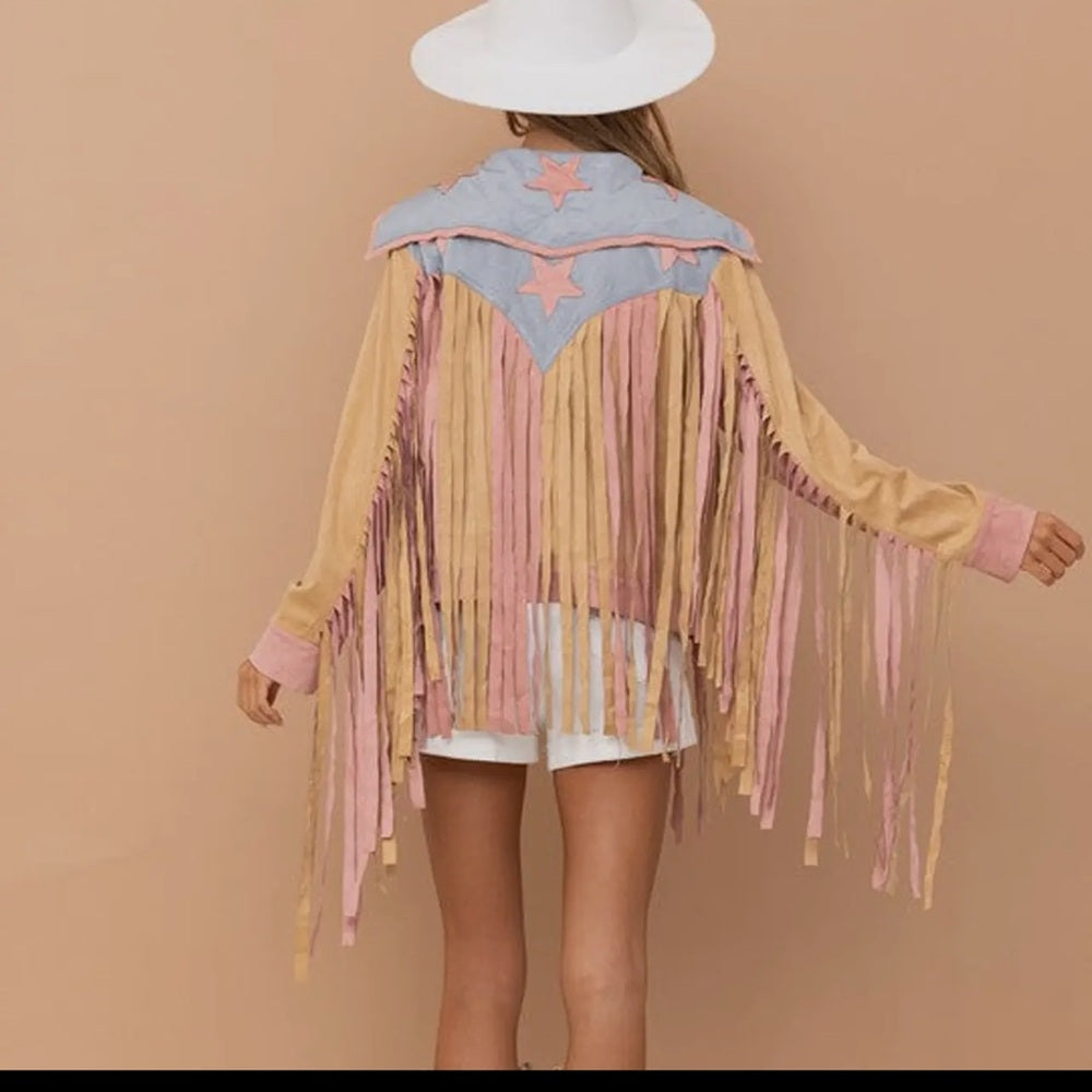 Fringe Suede Jacket in Tan and Pink- NWT