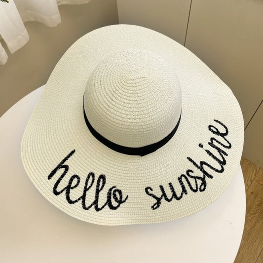 White Sun Hat with Black Ribbon and Text-nwt