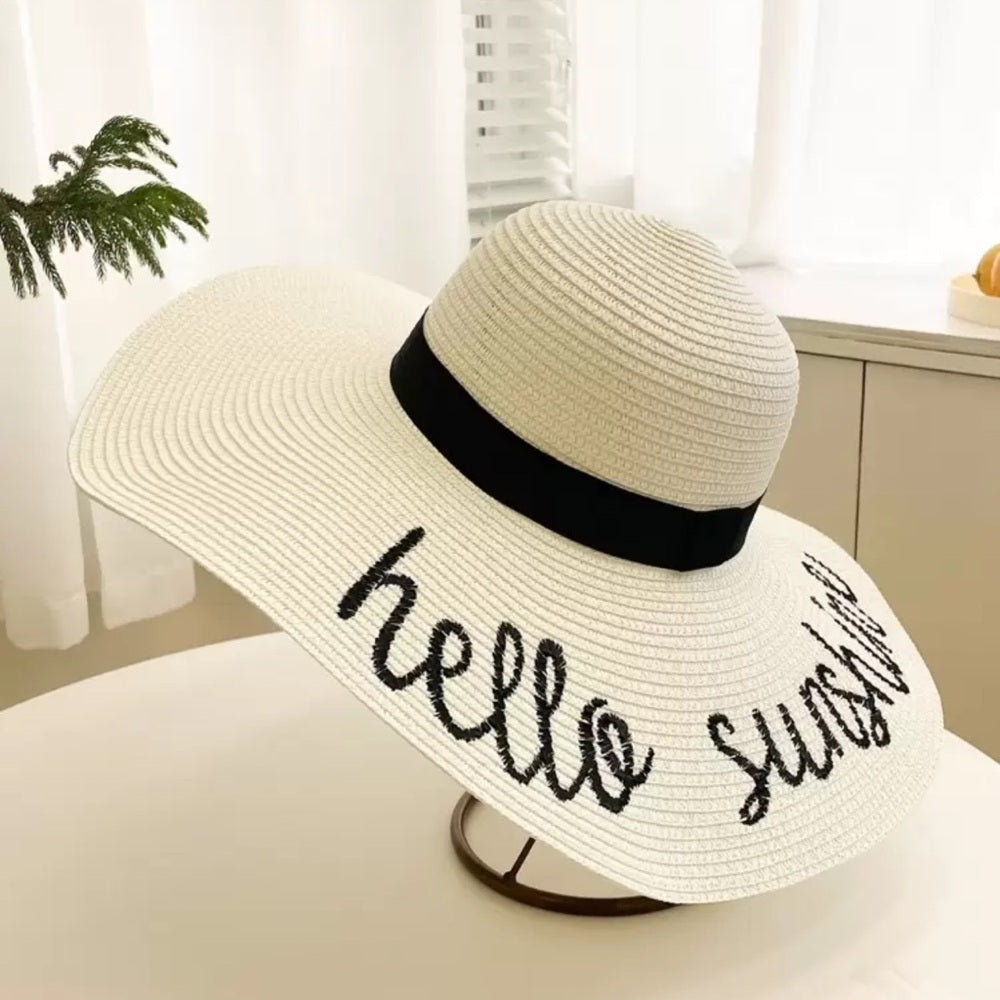White Sun Hat with Black Ribbon and Text-nwt