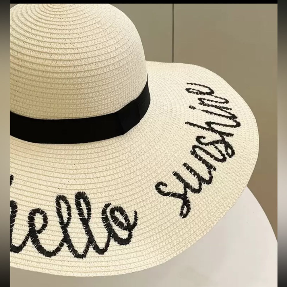 White Sun Hat with Black Ribbon and Text-nwt