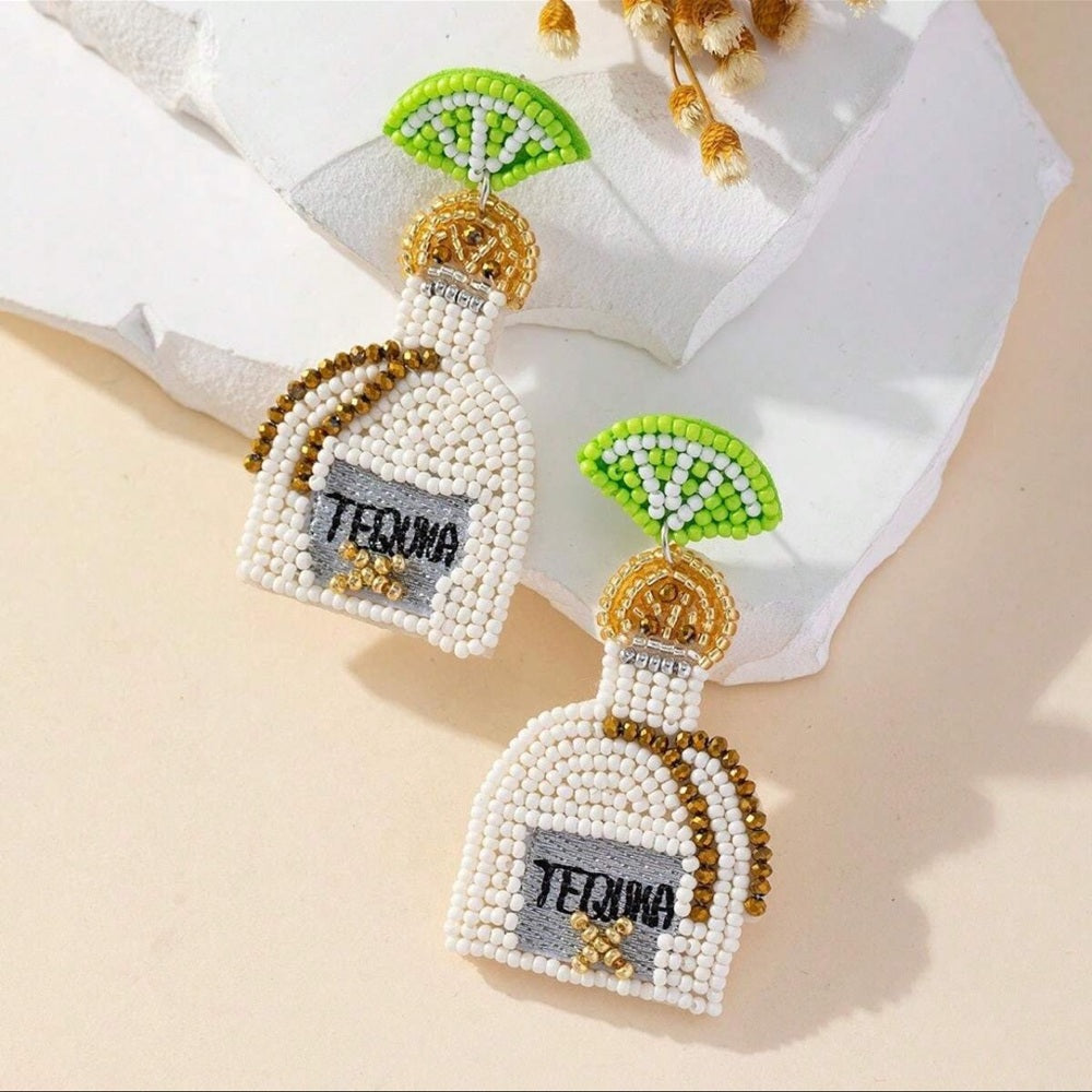 Beaded Tequila Bottle Earrings with Lime Accent-nwt