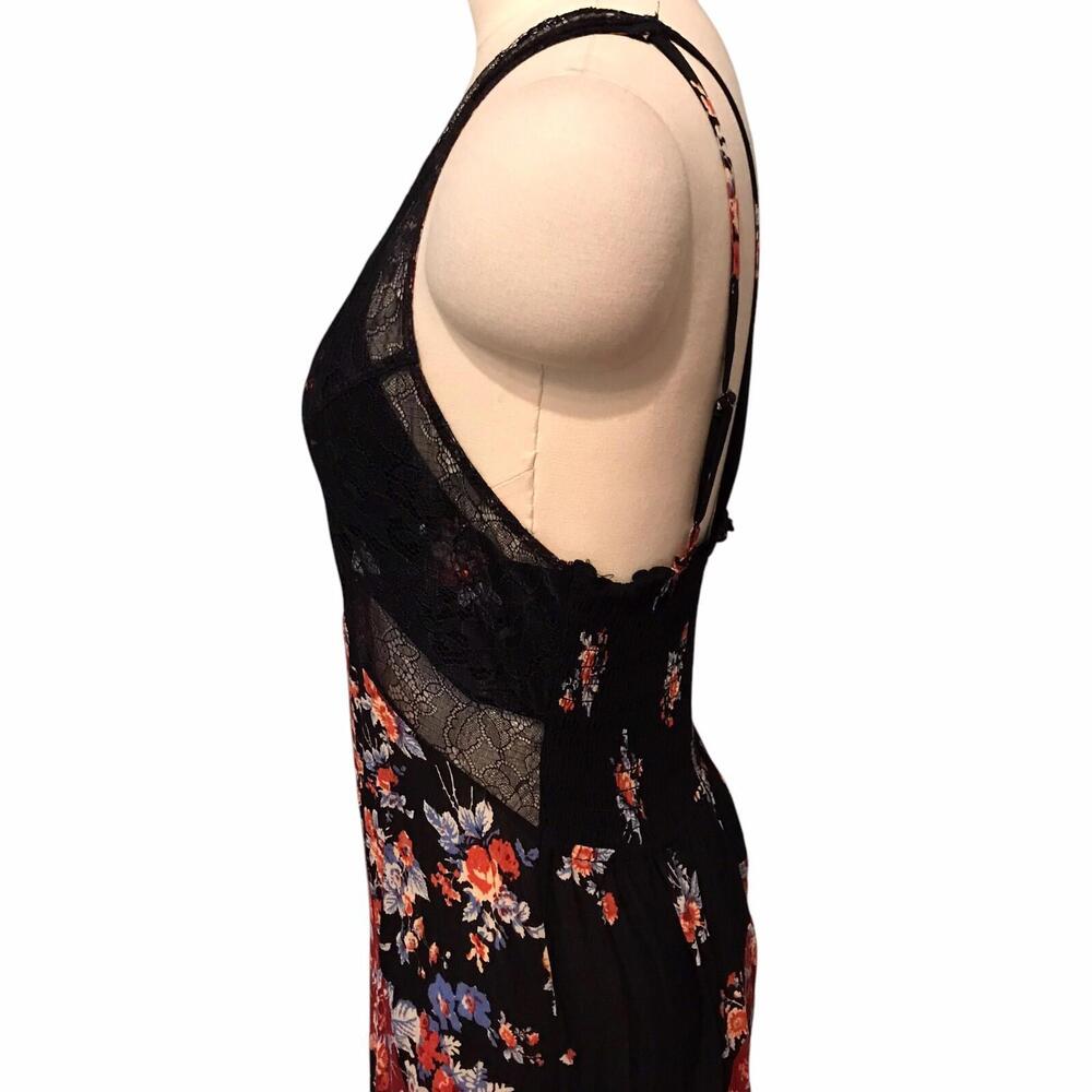 Free People Elegant Black Floral Maxi Dress with Lace Detail