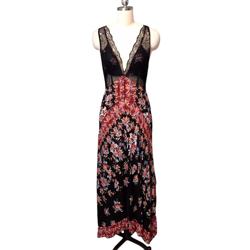 Free People Elegant Black Floral Maxi Dress with Lace Detail