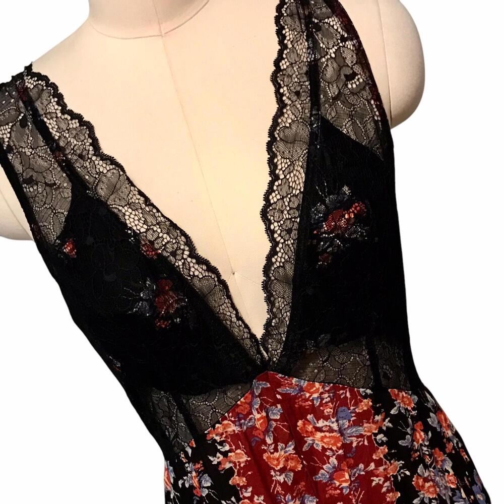 Free People Elegant Black Floral Maxi Dress with Lace Detail