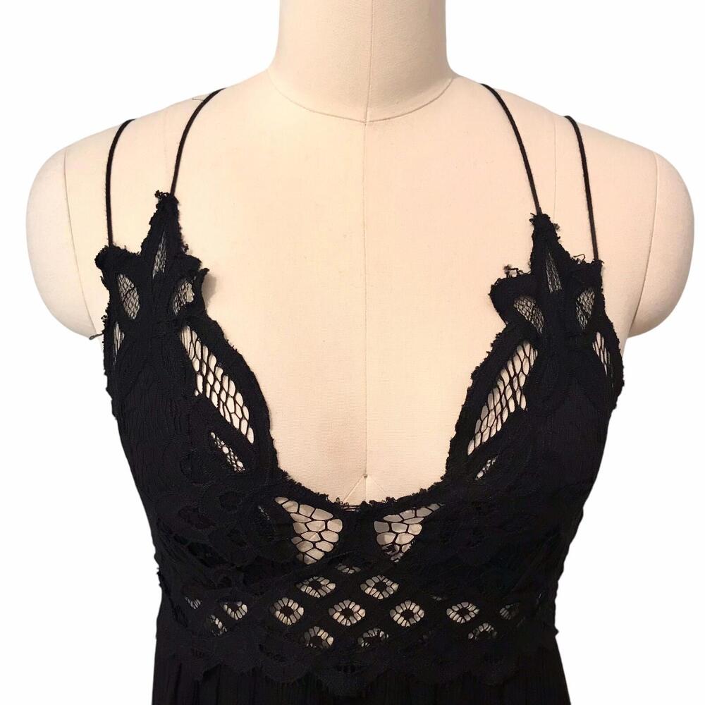 Free People Elegant Black Maxi Dress with Lace Details