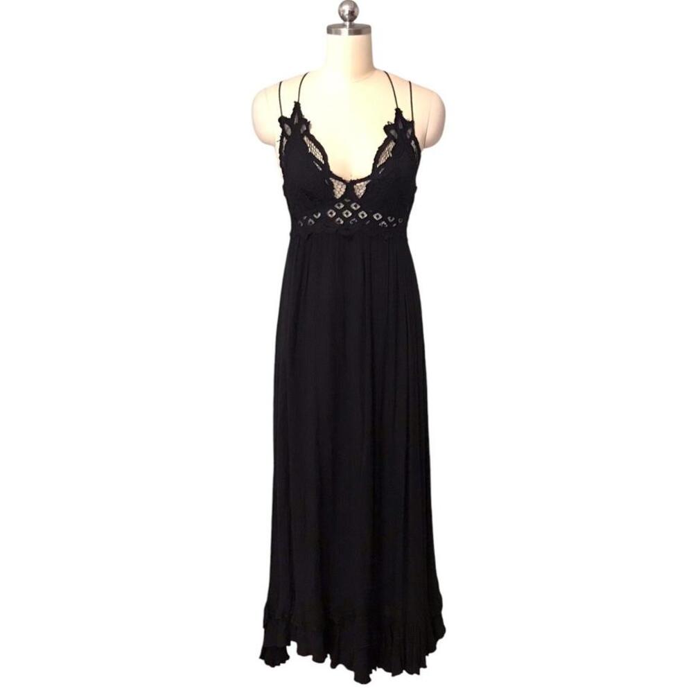 Free People Elegant Black Maxi Dress with Lace Details