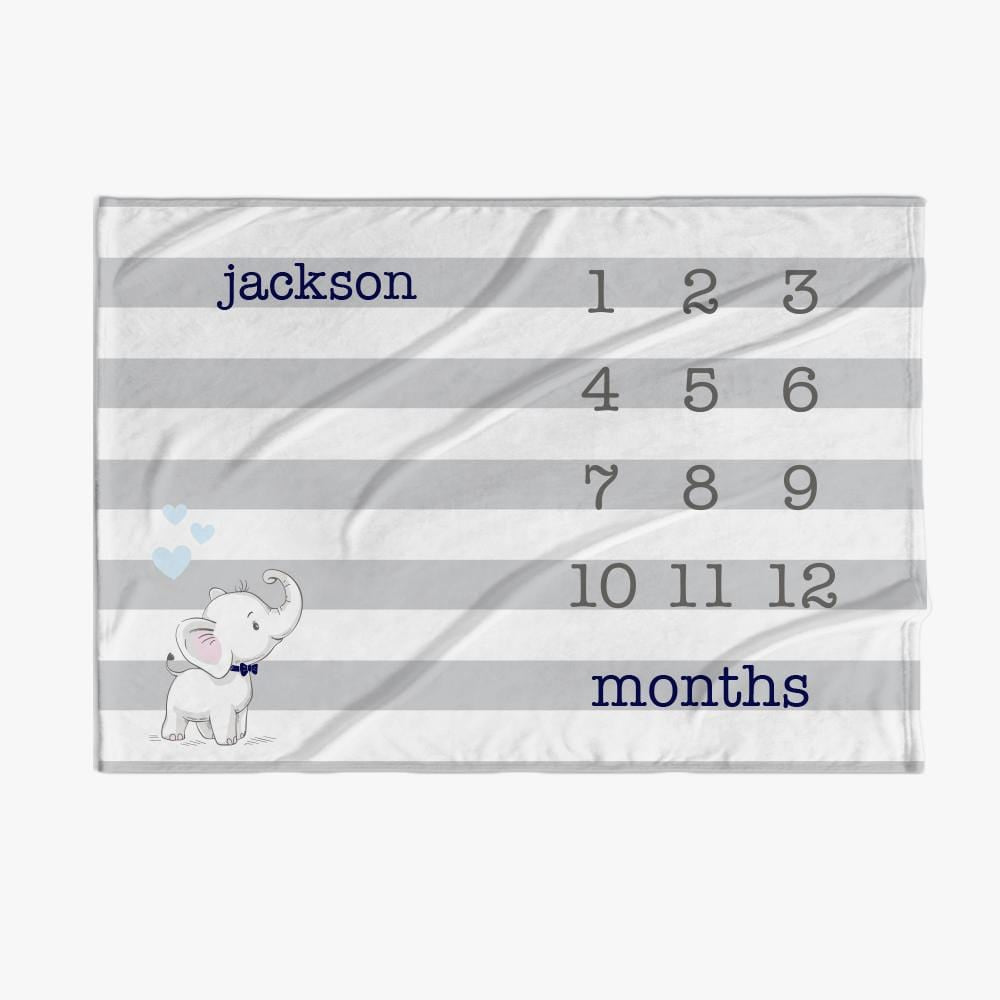30 x 40 Personalized Blue Striped Name Baby Blanket w/ Months