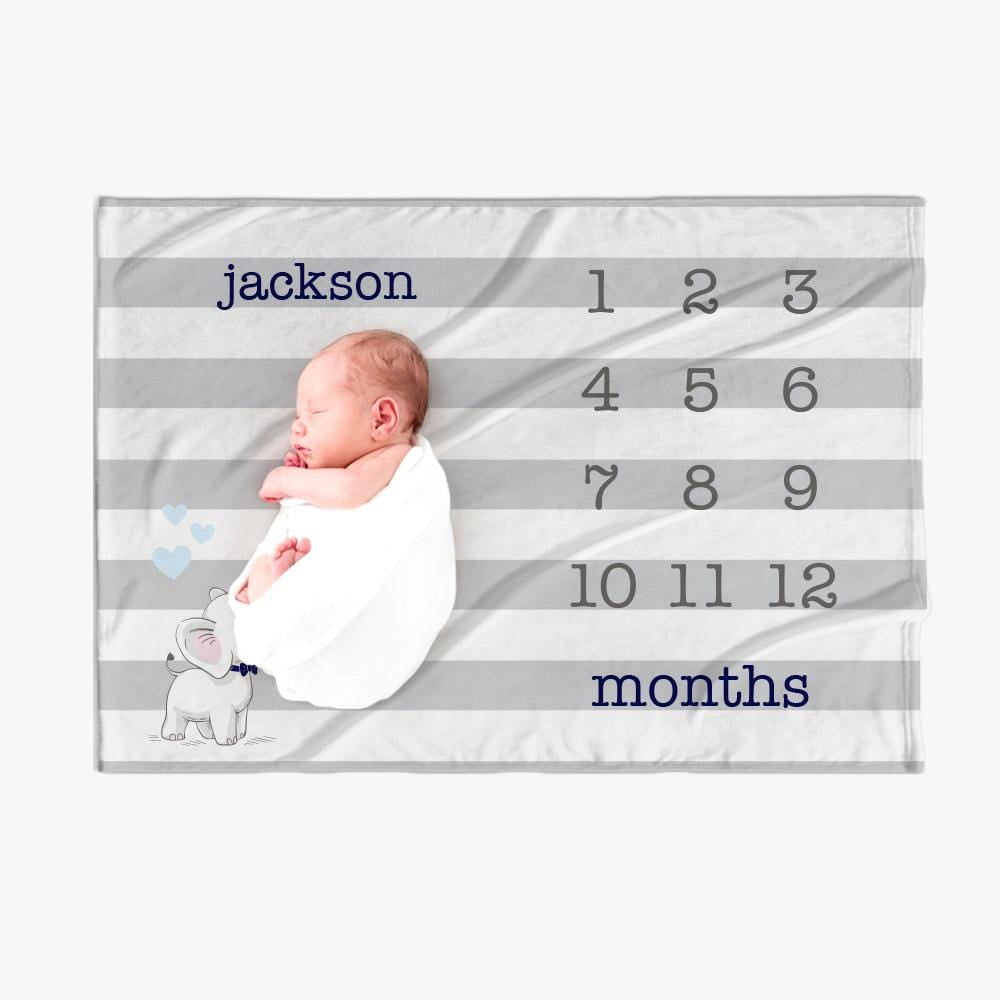 30 x 40 Personalized Blue Striped Name Baby Blanket w/ Months