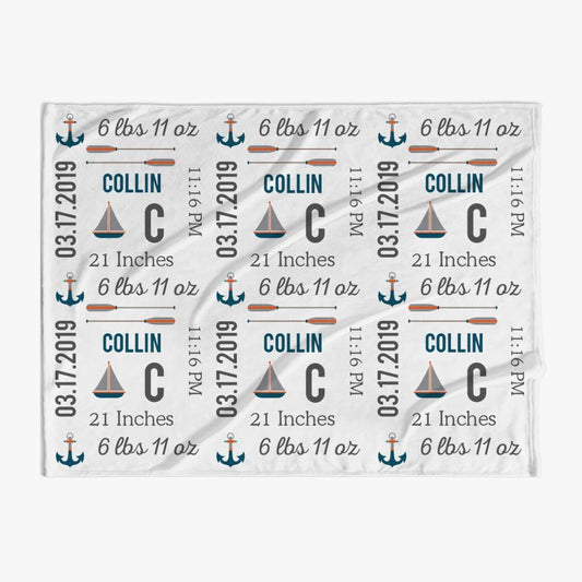 30 x 40 Sail Boats Personalized Name Baby Blanket